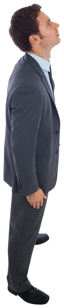 Smiling Businessman in Suit Watching from Side, Transparent Background