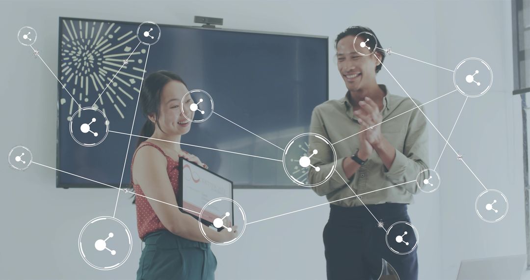 Celebrating Woman Receiving Certificate in Office with Colleague Clapping and Network Icons