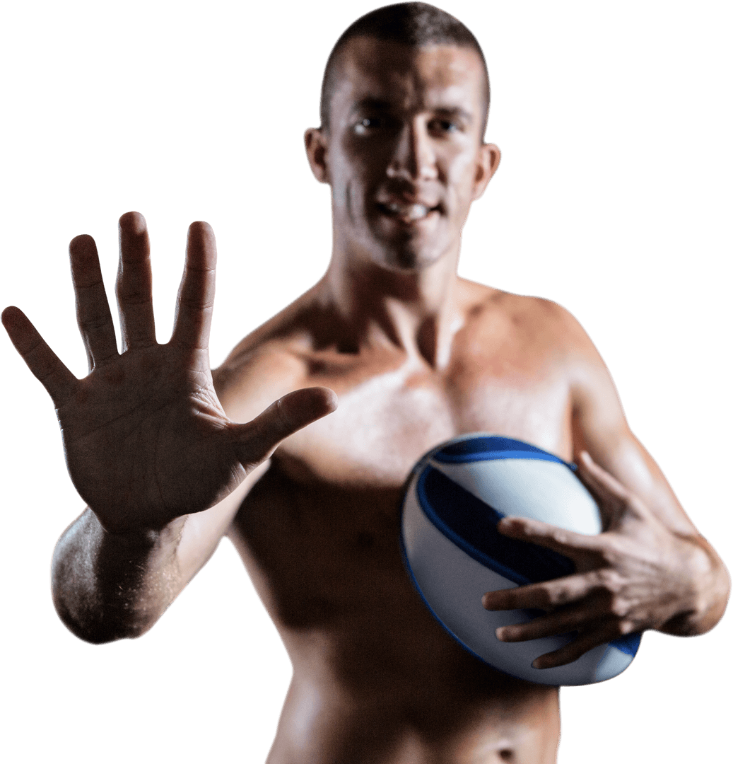 Shirtless Rugby Player Holding Ball with Open Hand Gesture Transparent Background