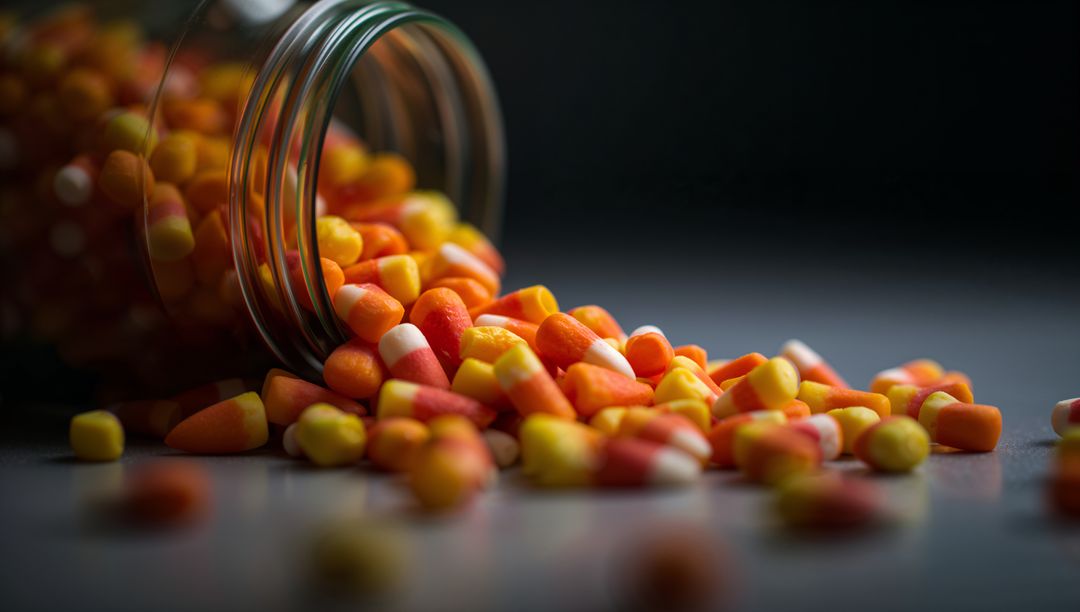 Overflowing Candy Corn from Glass Jar on Dark Surface