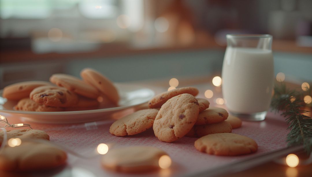 Cozy Arrangement of Chocolate Chip Cookies and Milk with String Lights