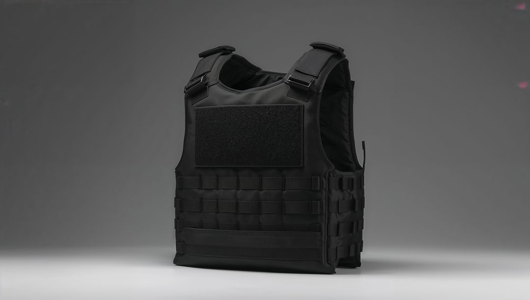 Black Tactical Vest with MOLLE Webbing on White Surface