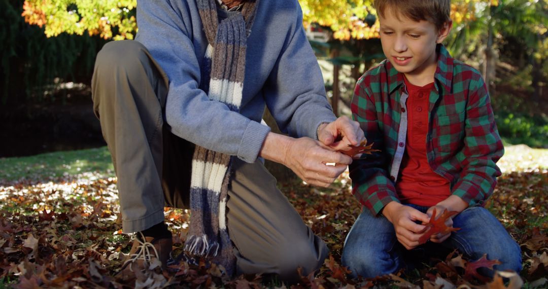 Grandfather and Child Collecting Autumn Leaves Outdoors - Free Images, Stock Photos and Pictures on Pikwizard.com