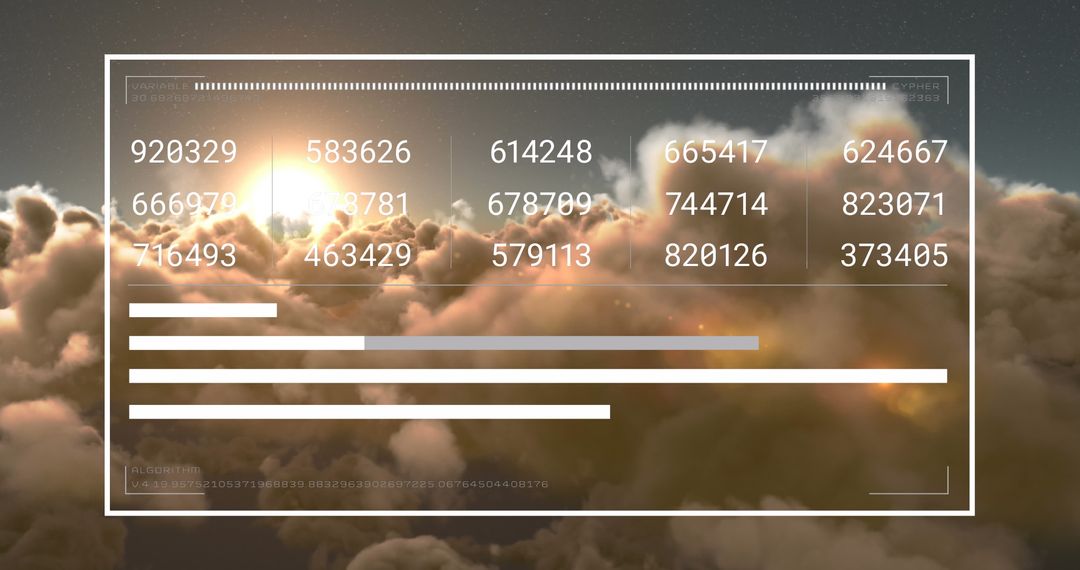 Futuristic Digital Interface with Numbers Above Sunset Clouds