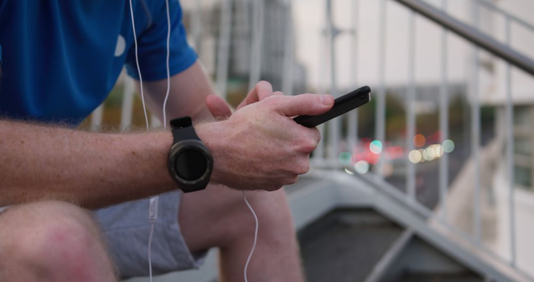 Man Sitting Outdoors Using Smartphone With Headphones - Free Images, Stock Photos and Pictures on Pikwizard.com