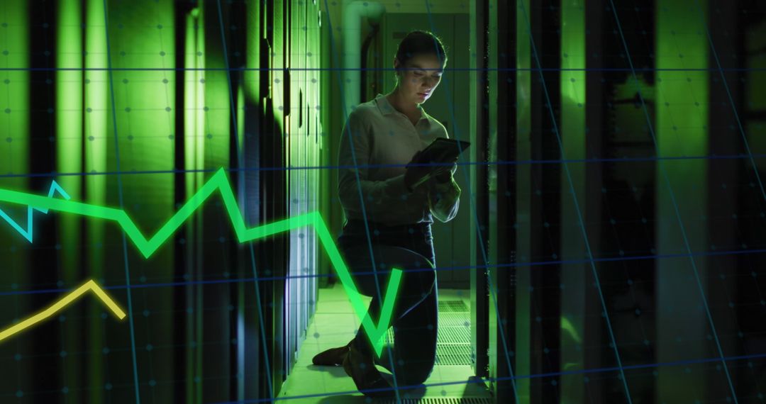 Woman Analyzing Data Trends in Modern Server Room Environment