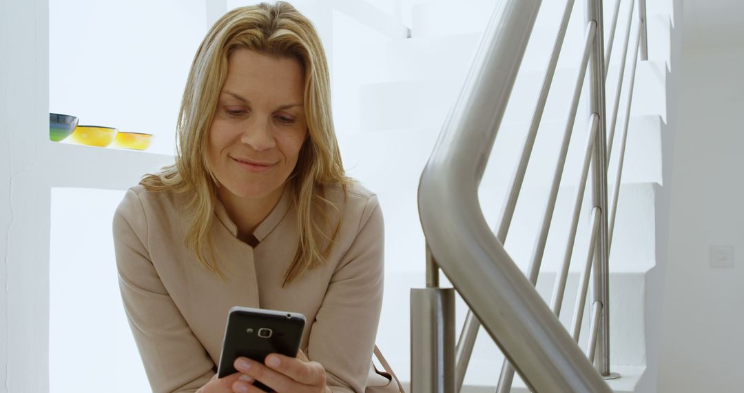Smiling Woman Texting on Smartphone in Bright Modern Home