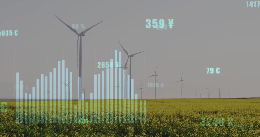 Digital Financial Data Overlay on Wind Turbines in Green Field