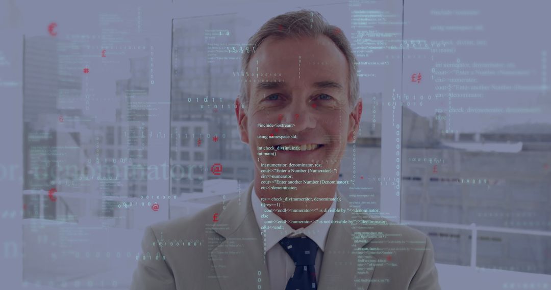 Executive Professional Overlooks Cityscape with Digital Code Overlay