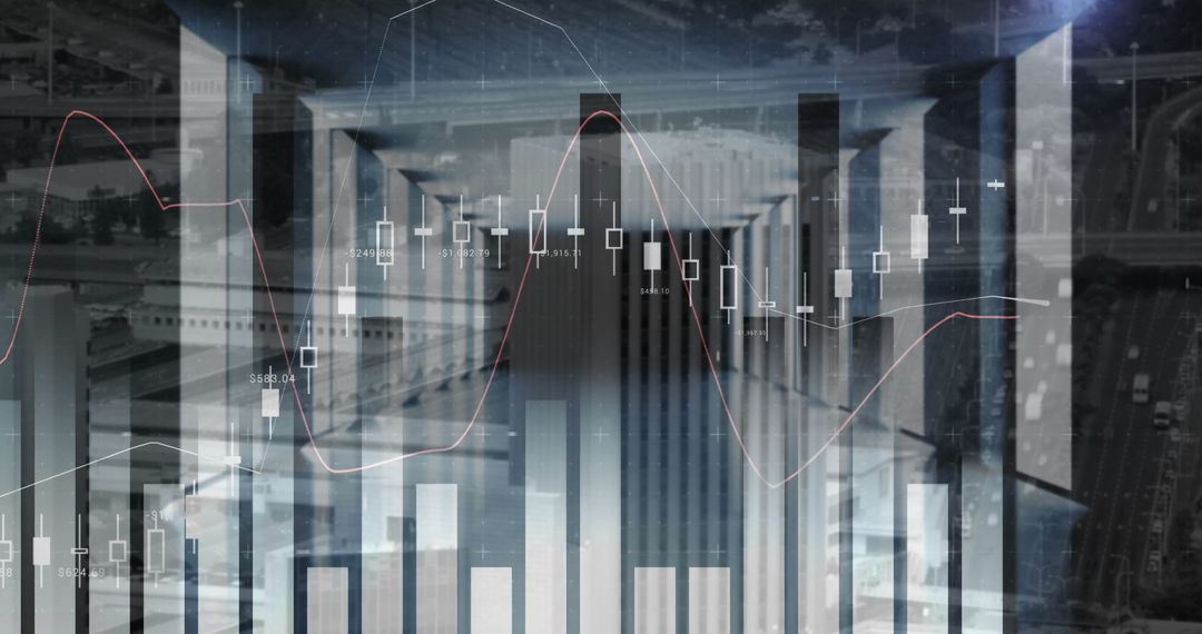 Abstract Financial Data Overlaid on Urban Corridor Architecture