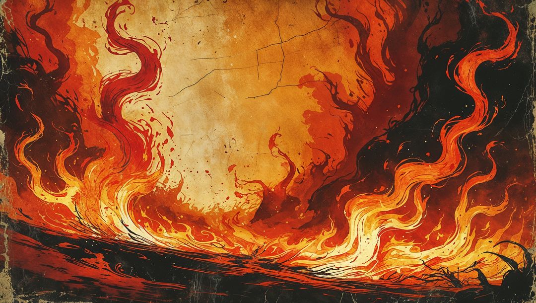 Abstract fiery hell flames over charred earth in dynamic ai art