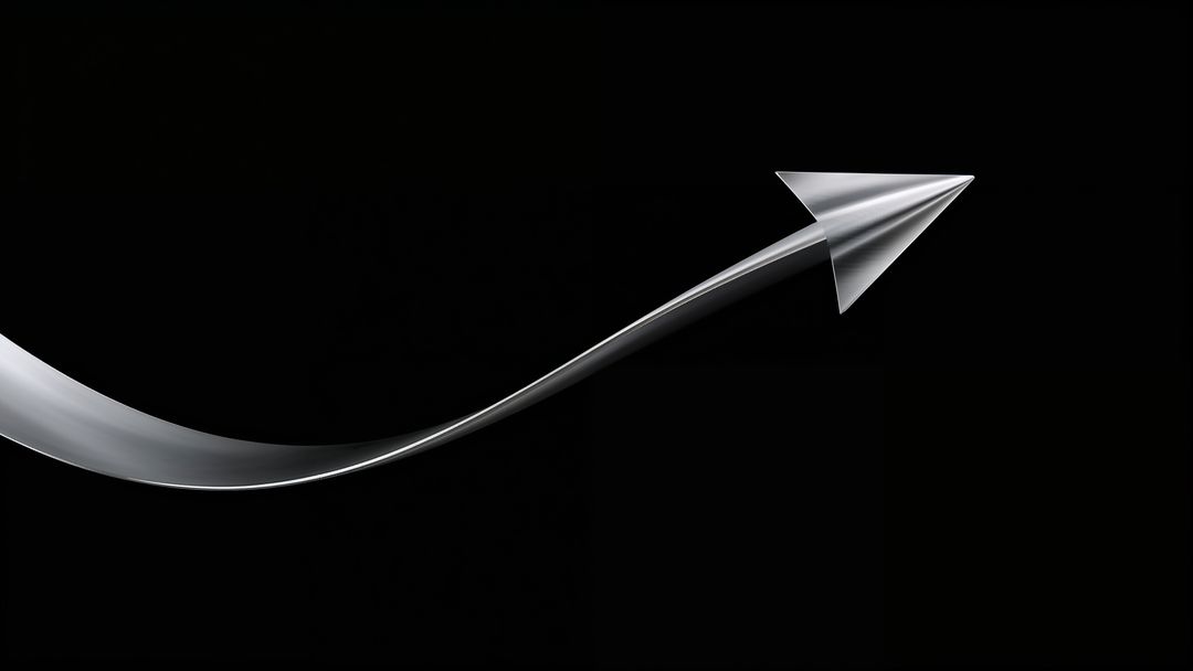 Curved arrow metallic silver on black background