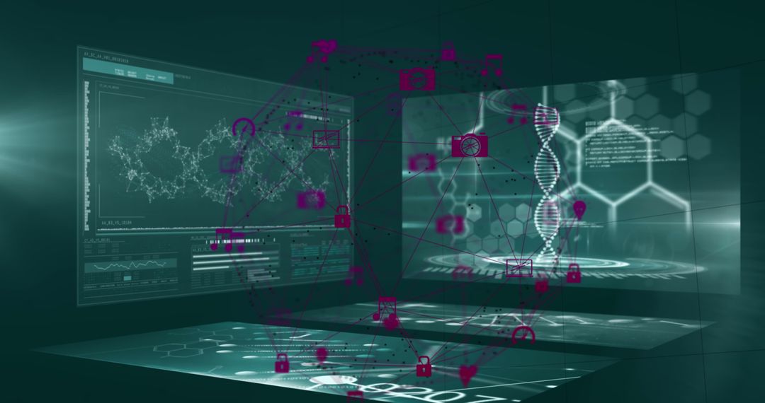 Futuristic DNA Holographic Display in High-Tech Science Lab