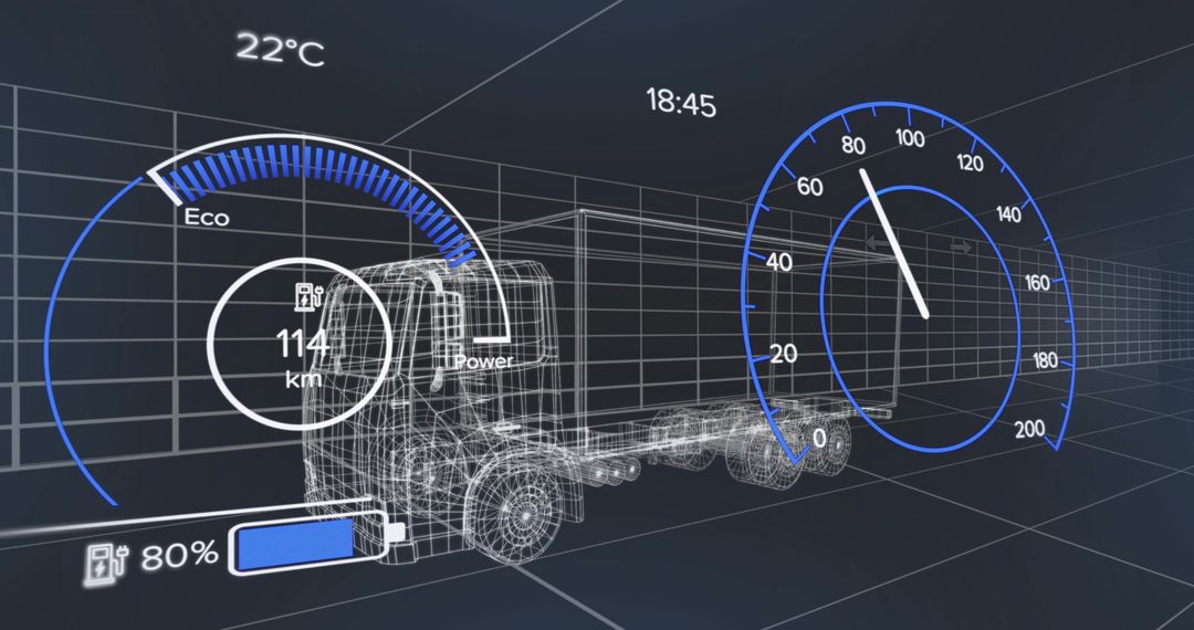 Futuristic Truck with Digital Gauges and Wireframe Design