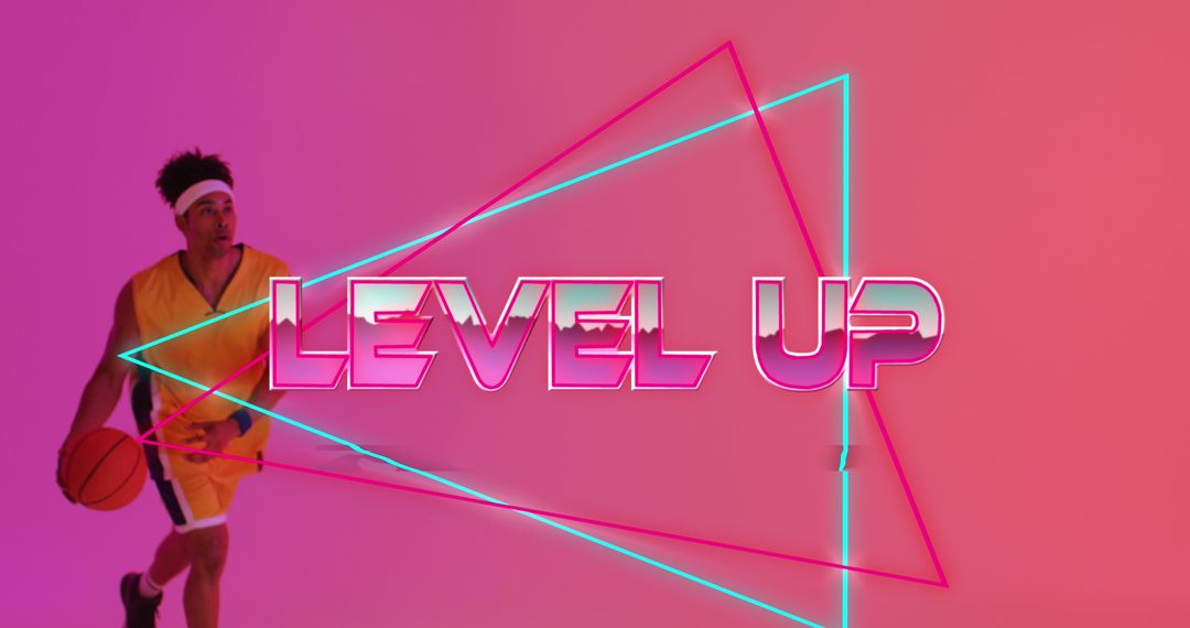 Basketball Player Neon Style With Level Up Text