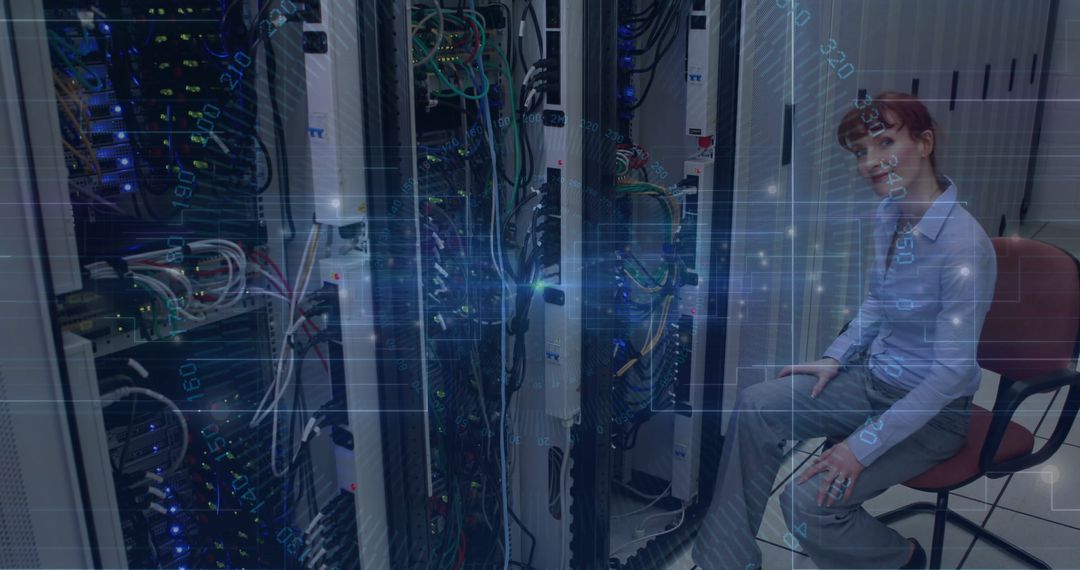 Technician in Modern Data Center Surrounded by Server Racks and Technology