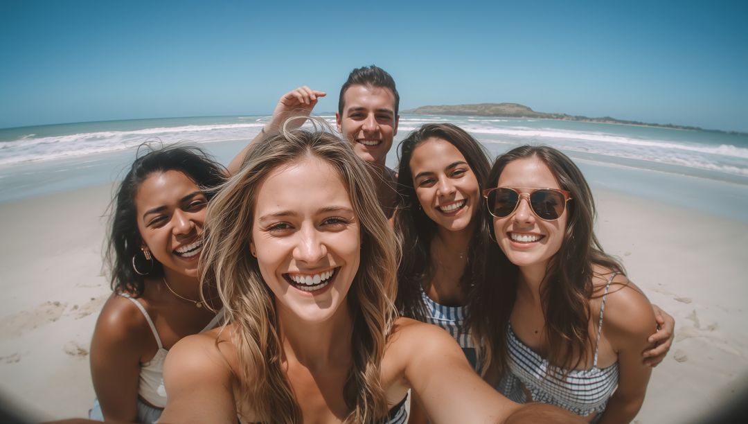 Smiling Friends Taking Group Selfie on Sunny Beach Day
