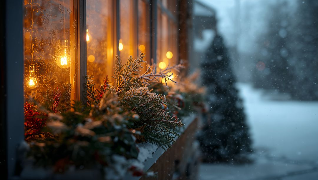 Cozy winter window glowing with warm bulbs and snow-dusted evergreen planter at dusk
