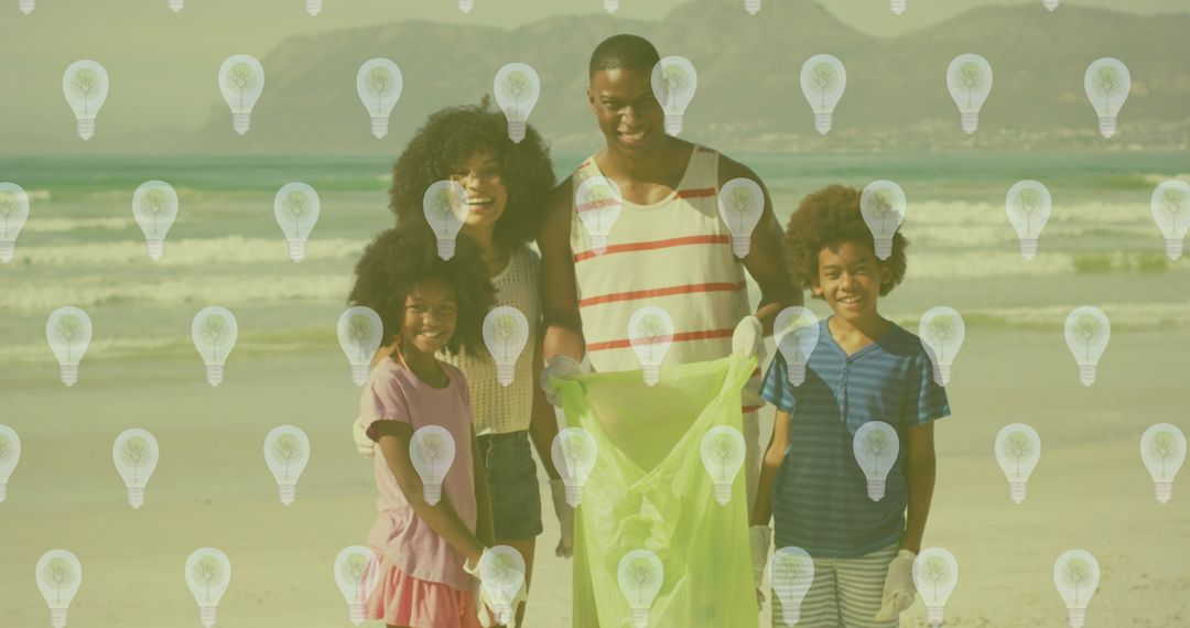Smiling Family Recycling on Beach with Lightbulb Icons Overlay