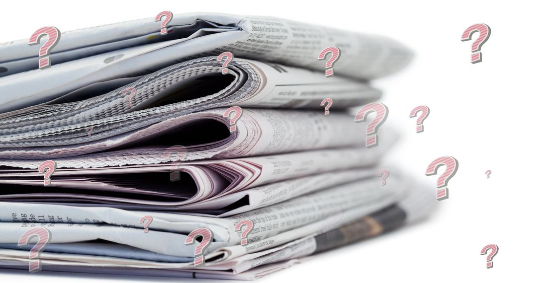 Pile of Newspapers with Floating Question Marks Conceptual Image