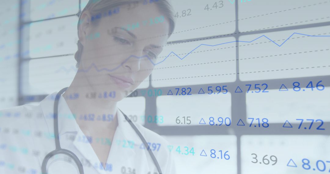 Female Doctor Studying Clinical Data on Transparent Glass Display with Stethoscope