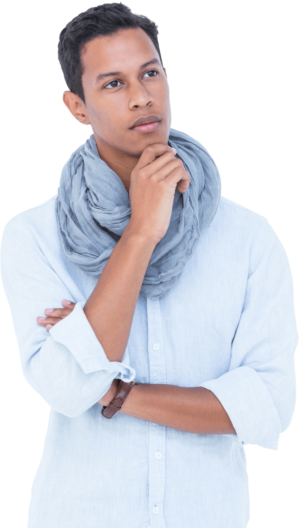 Transparent Thoughtful Man with Hand on Chin in Blue Scarf