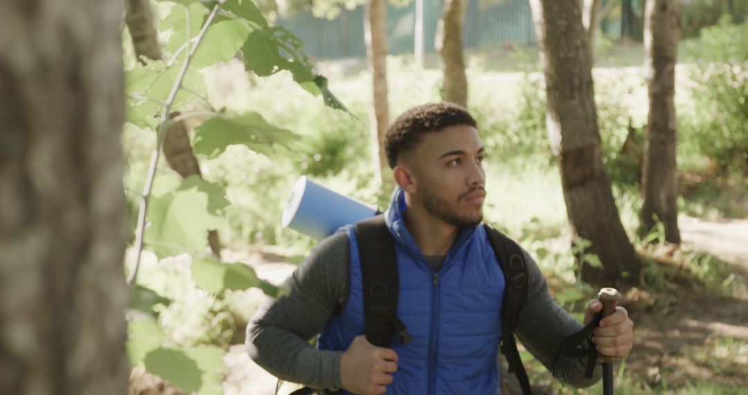 Man Hiking with Backpack in Beautiful Forest Landscape