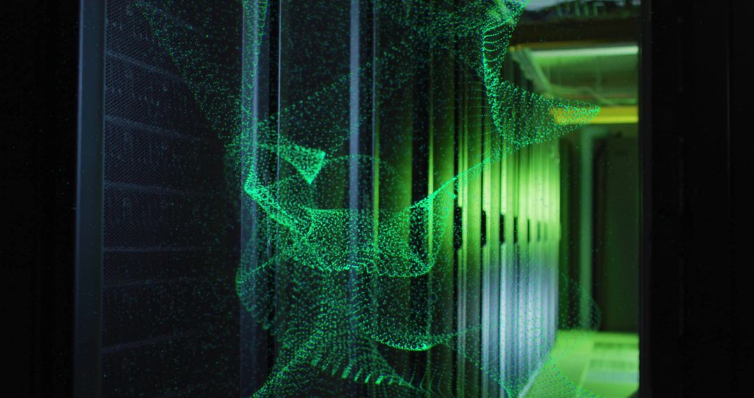 Green Network Wave Over Dark Server Room