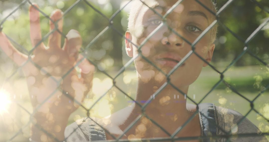 Conceptual Portrait of Biracial Woman with Fence and Light Trails