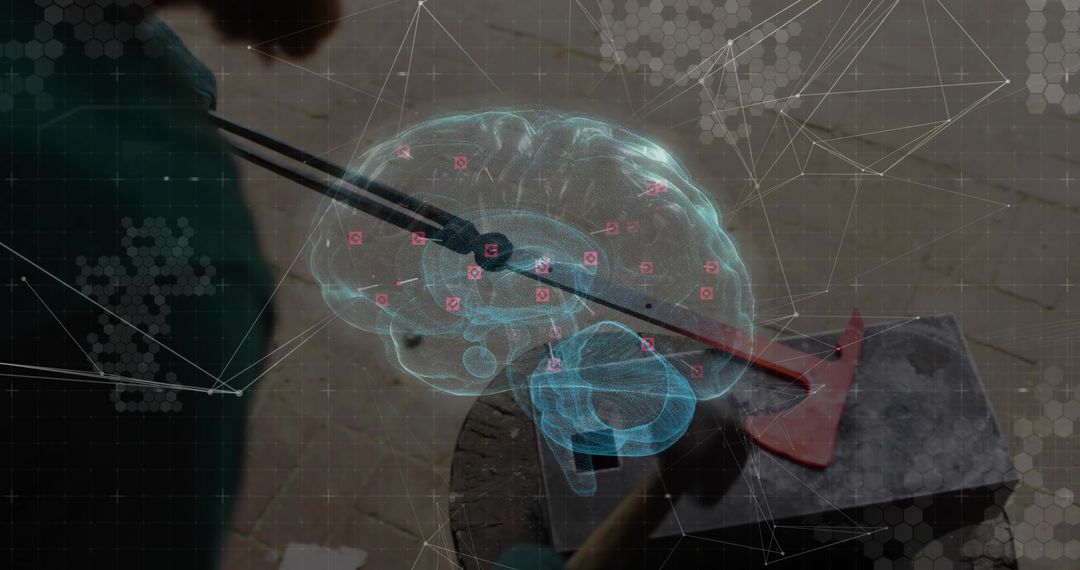 Forging red-hot metal with tongs and holographic brain overlay visualizing neural data