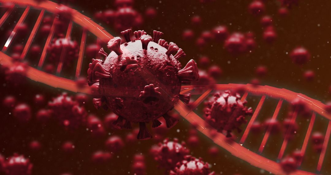 3D Rendering of Red Coronavirus Cells with DNA Strand