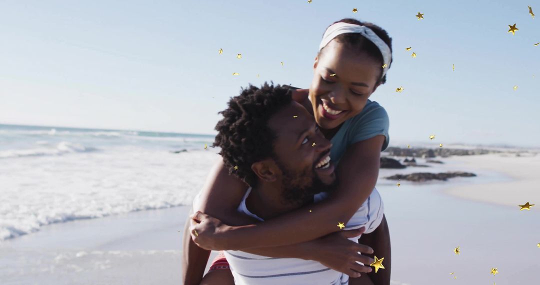 Couple sharing piggyback joy on sunny beach with gold star confetti and rolling waves