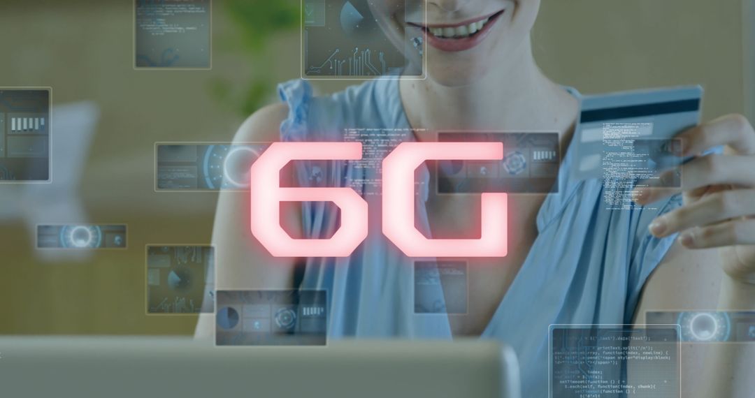 6G Digital Technology Concept with Woman Using Laptop