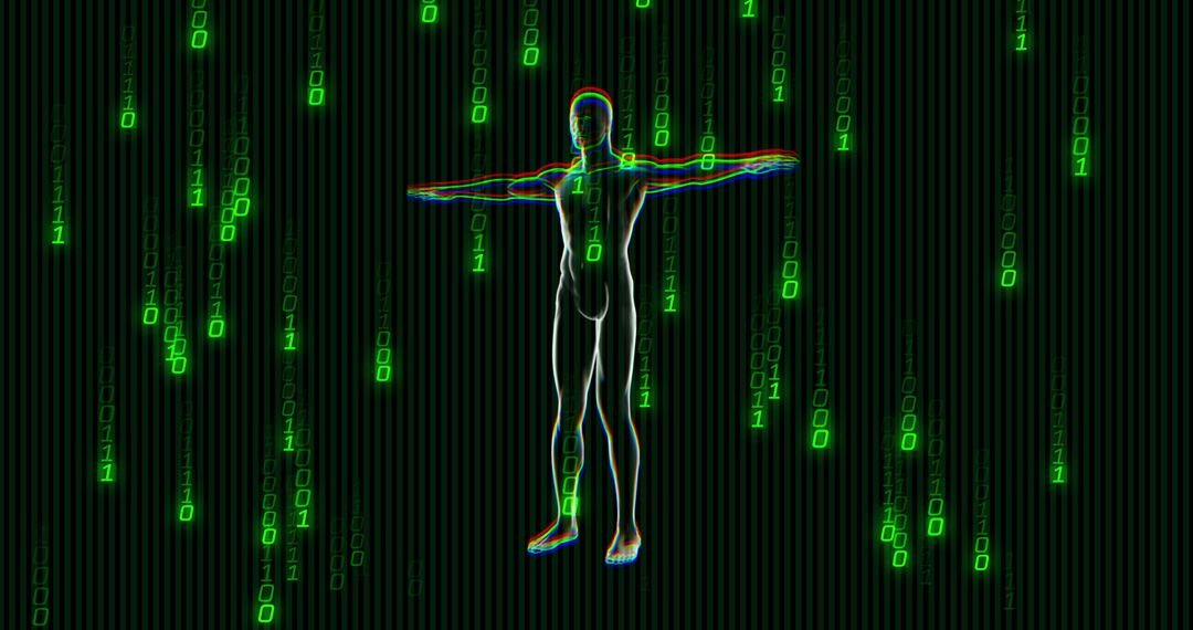 Human Body Surrounded by Binary Code, Digital Matrix Visualization
