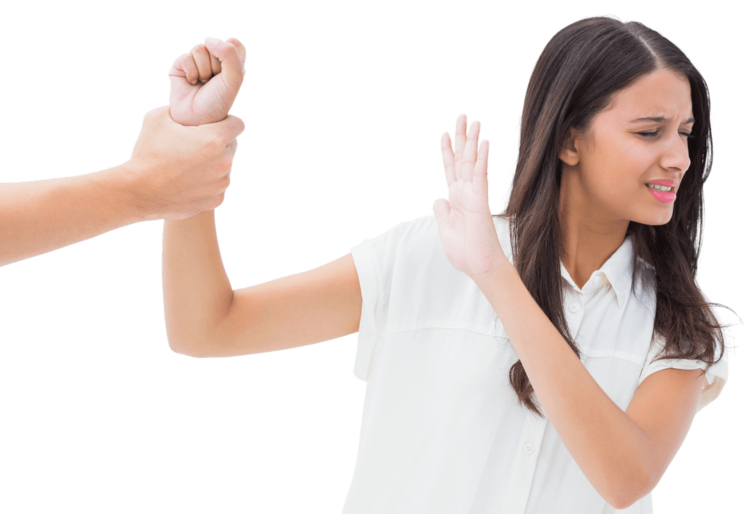 Transparent Image of Woman Resisting Grasp on White Background