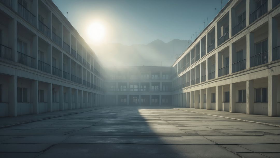 Empty College Campus Concrete Courtyard at Sunrise
