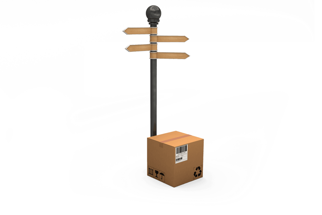 Transparent Delivery Concept with Road Sign and Cardboard Box
