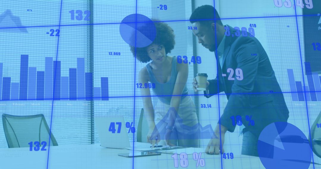 Diverse Business Team Analyzing Statistics with Futuristic Graphics