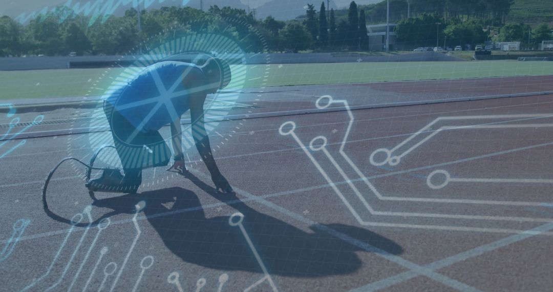Athlete on Track Merged with Futuristic Circuit Design