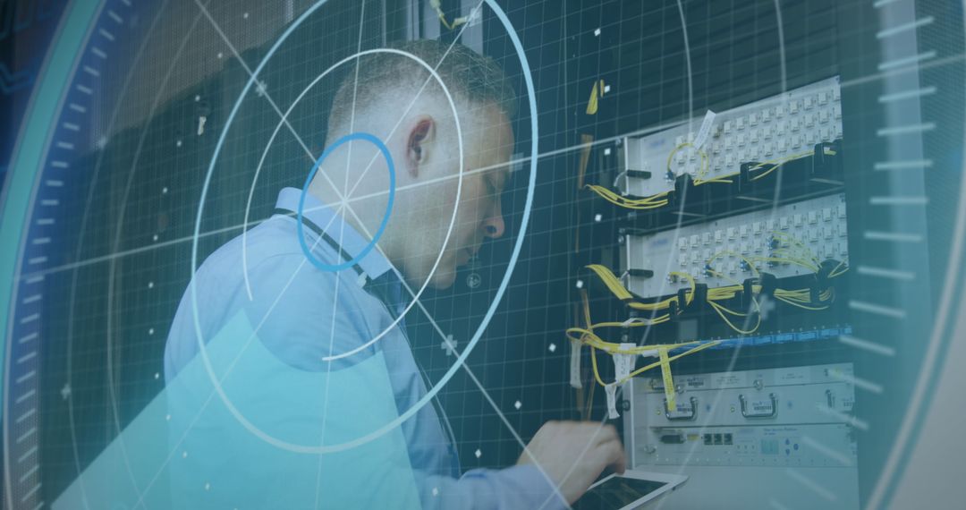 Technical Expert Man Analyzing Server amidst Digital Grid Overlay