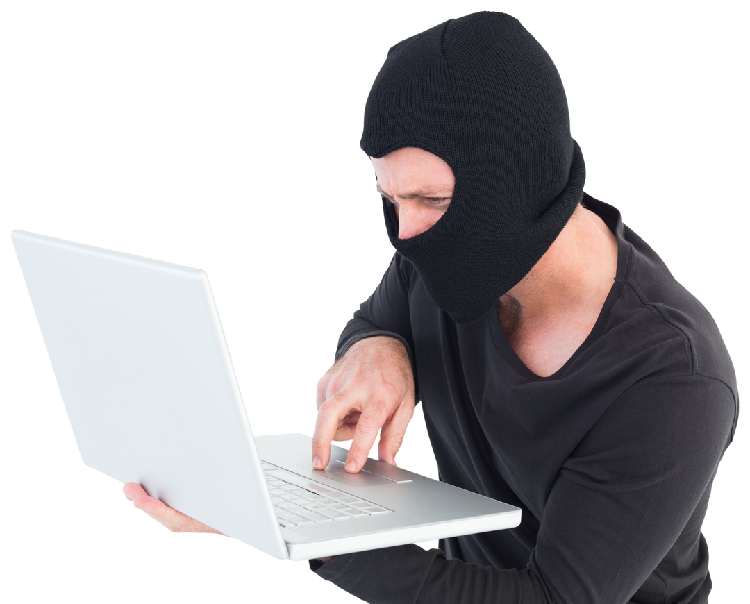 Transparent hacker wearing black mask using laptop for cyber crime - Download Free Stock Images Pikwizard.com