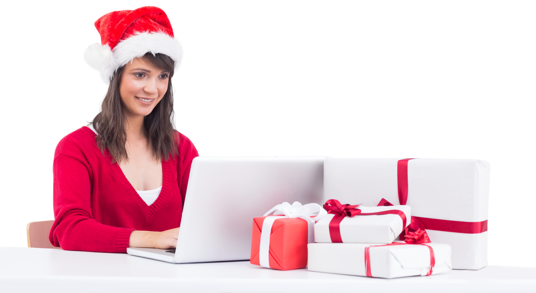 Transparent cheerful woman shopping online for Christmas gifts with laptop - Download Free Stock Images Pikwizard.com