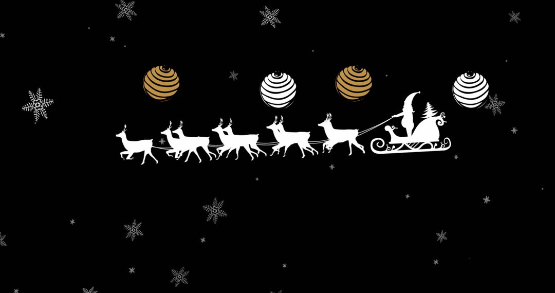 Santa Claus Sleigh Riding with Reindeer Silhouettes on Black