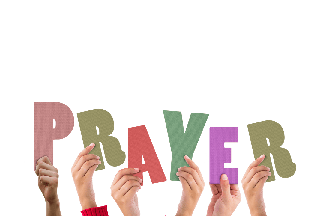 Hands Holding Multicolored Transparent Word 'PRAYER'