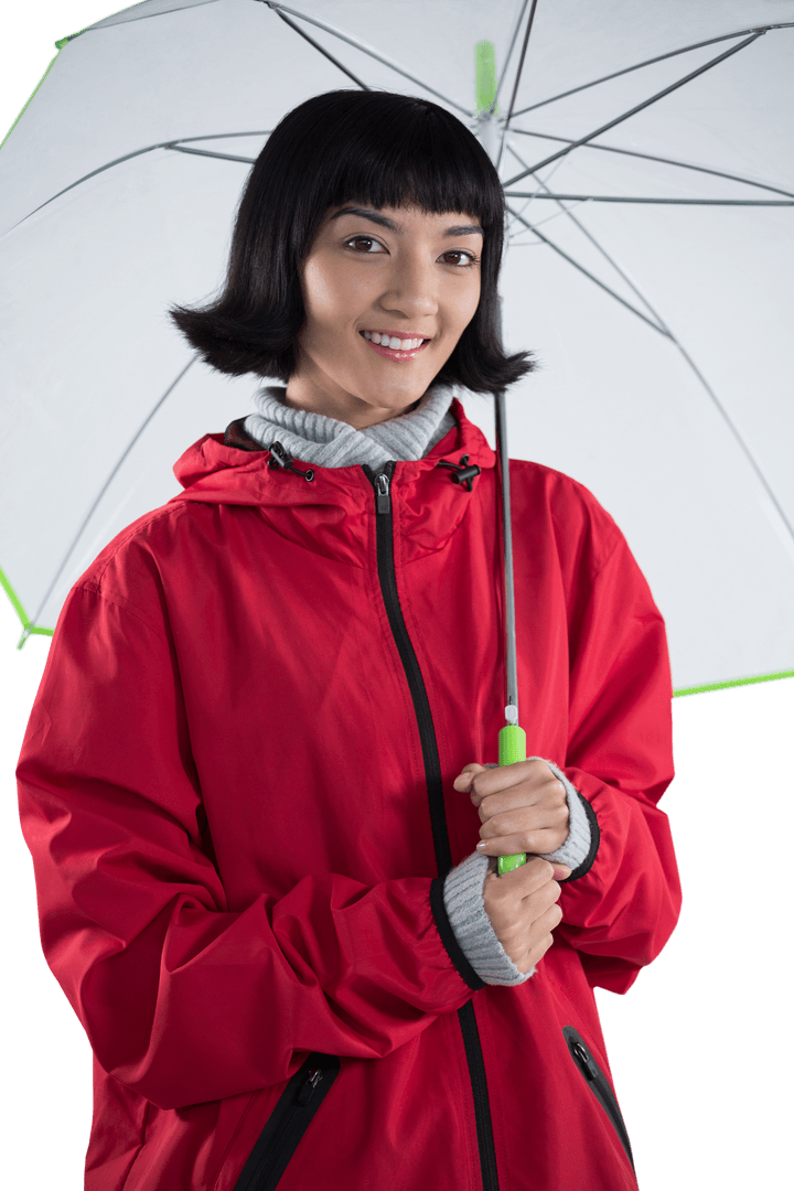 Transparent Smiling Woman Holding Umbrella in Red Jacket