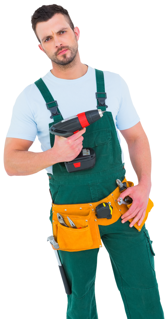 Transparent Male Construction Worker Holding Power Drill in Tool Belt Ready for Work - Download Free Stock Images Pikwizard.com