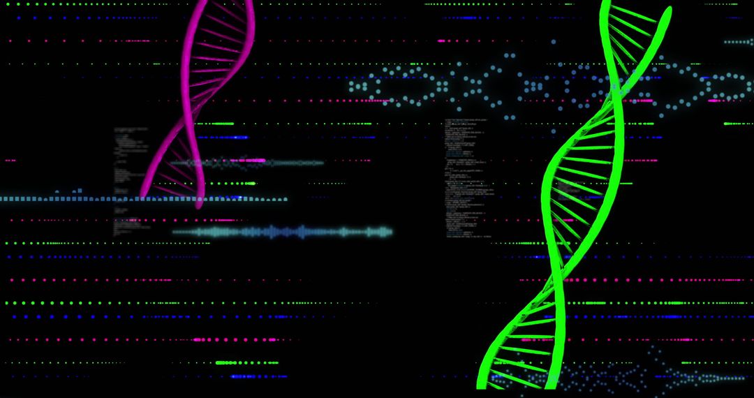 Floating DNA Helices Surrounded by Digital Code Synching Science and Technology