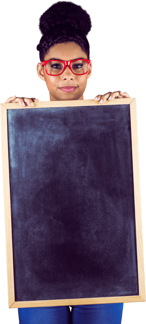 Woman Holding Transparent Chalkboard Smiling at Camera