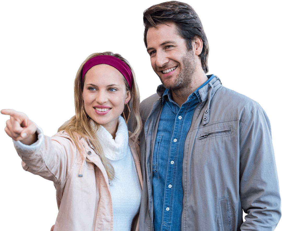 Smiling Couple in Transparent Background Pointing Forward