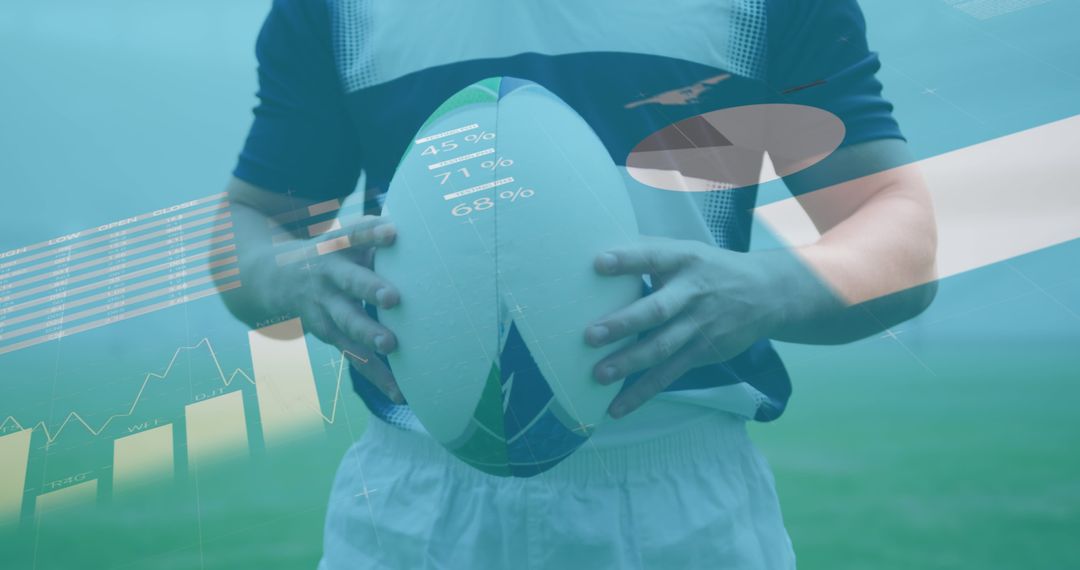 Rugby Player Holding Ball with Digital Statistics Graphics